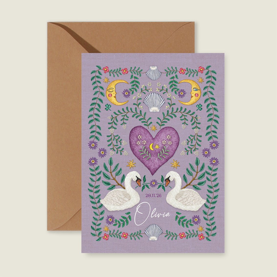 Geboortekaartje Embroider Swan Heart Paars - Story of July