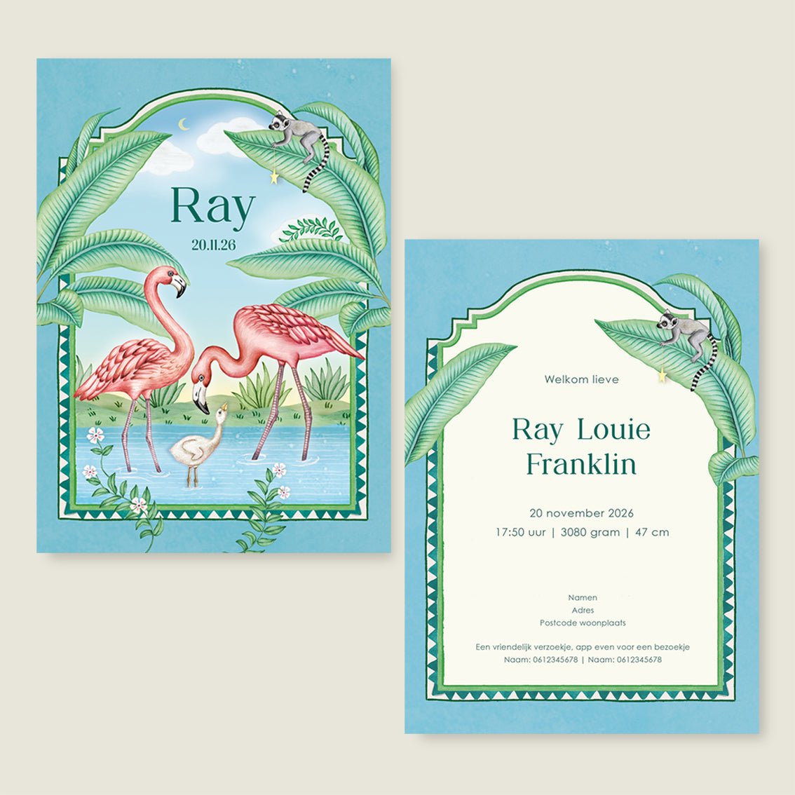 Geboortekaartje Flamingo Family Blue - Story of July