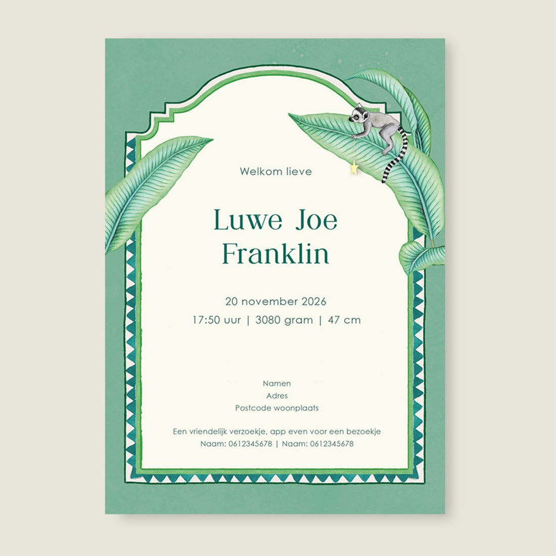 Geboortekaartje Giraffe And The Monkey Green - Story of July