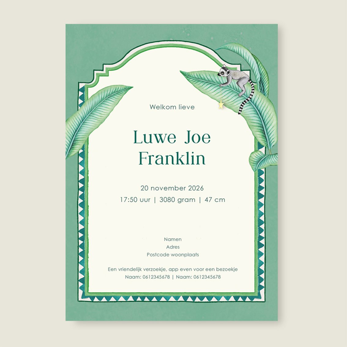 Geboortekaartje Giraffe And The Monkey Green - Story of July