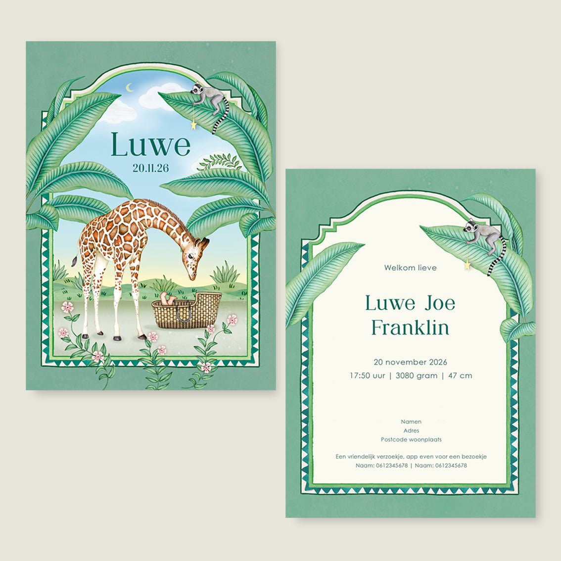 Geboortekaartje Giraffe And The Monkey Green - Story of July