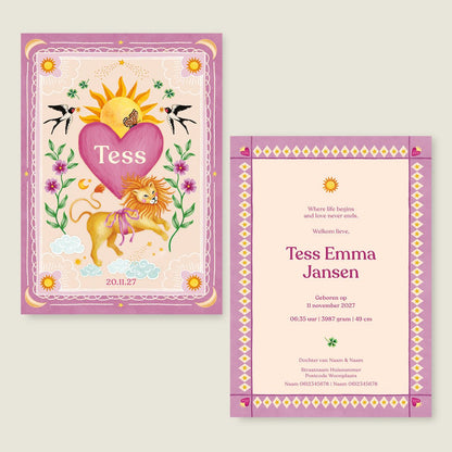 Geboortekaartje Lovely Lion Heart Pink - Story of July