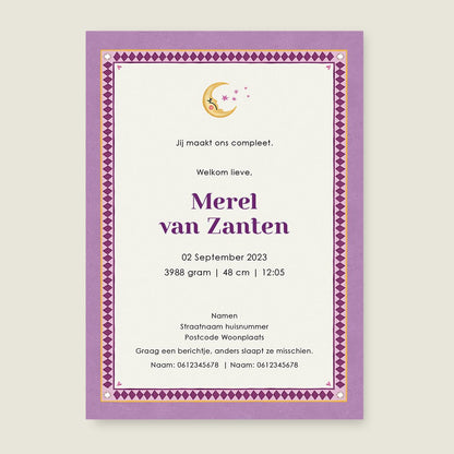 Geboortekaartje Monkey Heart Paars - Story of July