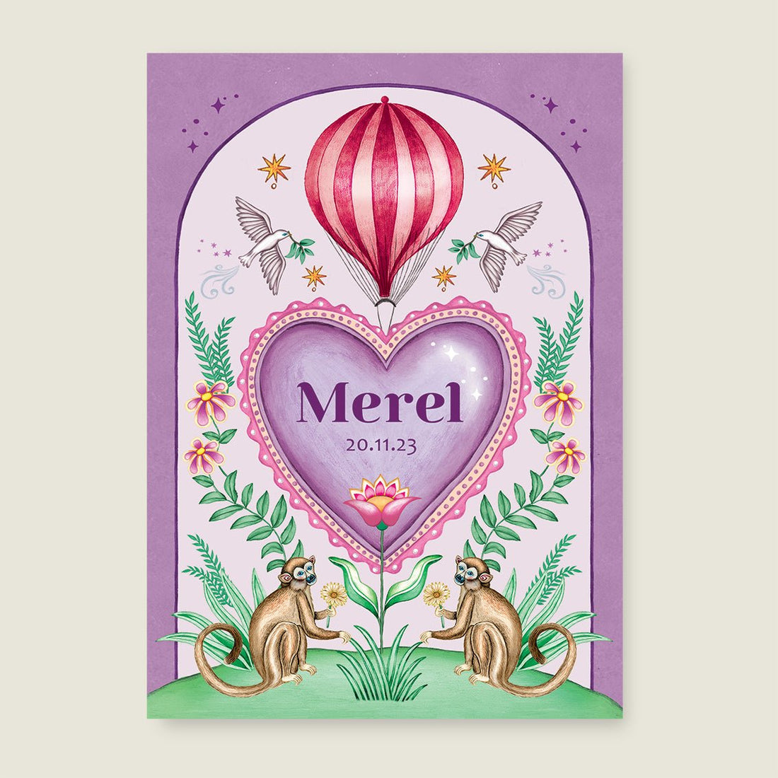 Geboortekaartje Monkey Heart Paars - Story of July