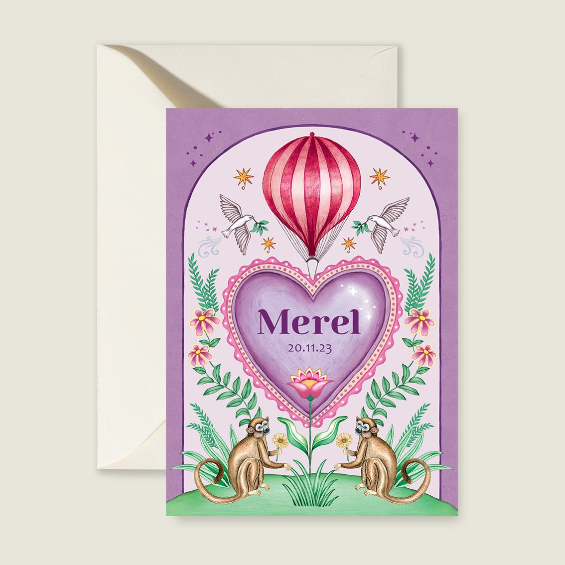 Geboortekaartje Monkey Heart Paars - Story of July