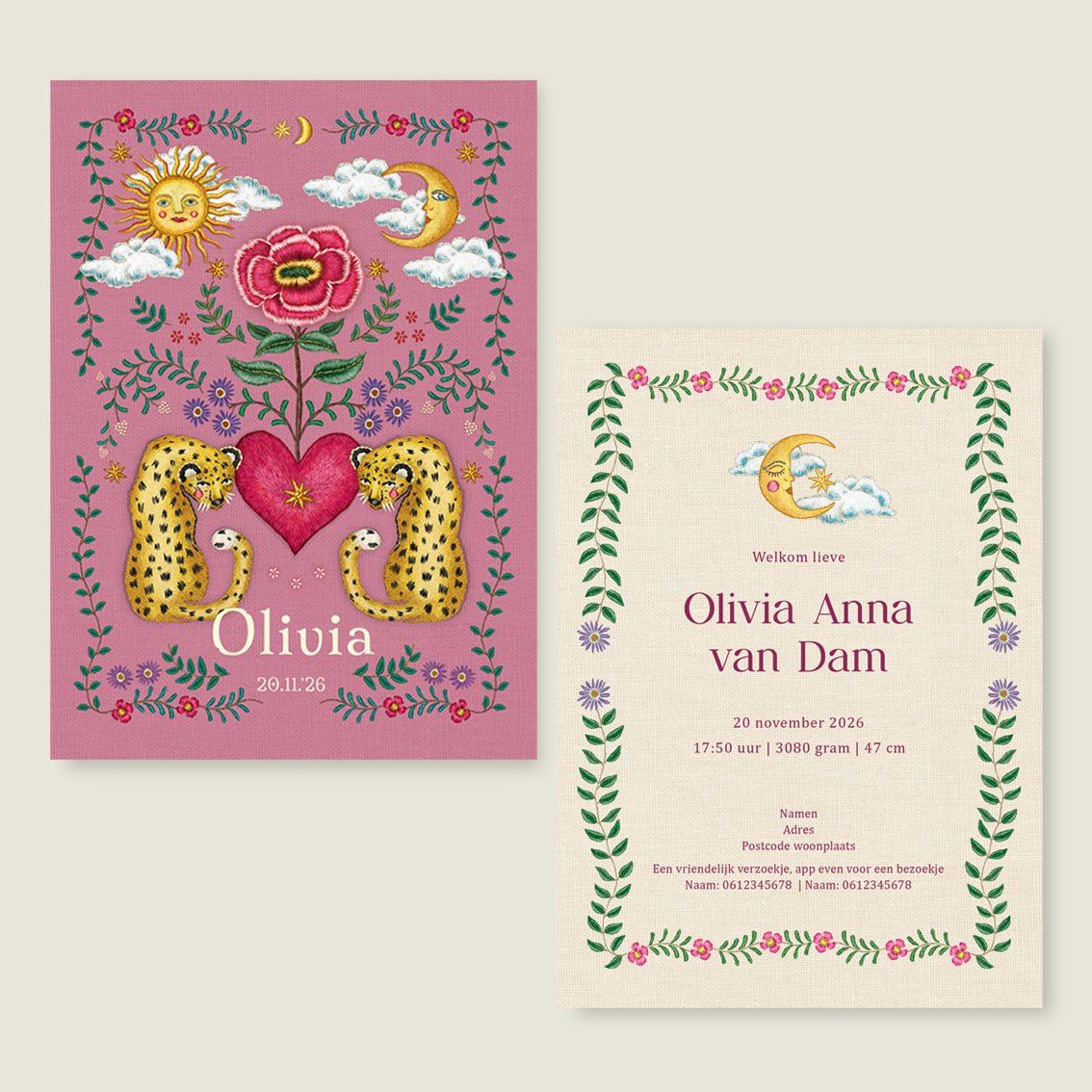 Geboortekaartje Panter Flower Pink - Story of July