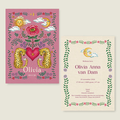 Geboortekaartje Panter Flower Pink - Story of July