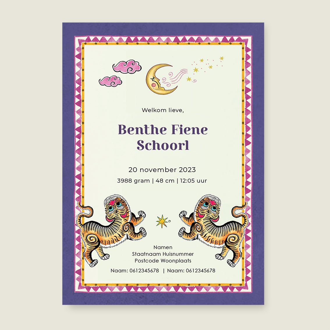 Geboortekaartje Pretty Tiger Paars - Story of July