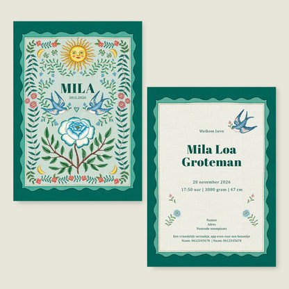 Geboortekaartje Sparrow Birds Green - Story of July