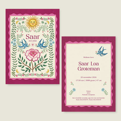 Geboortekaartje Sparrow Birds Pink - Story of July