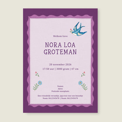 Geboortekaartje Sparrow Birds Purple - Story of July