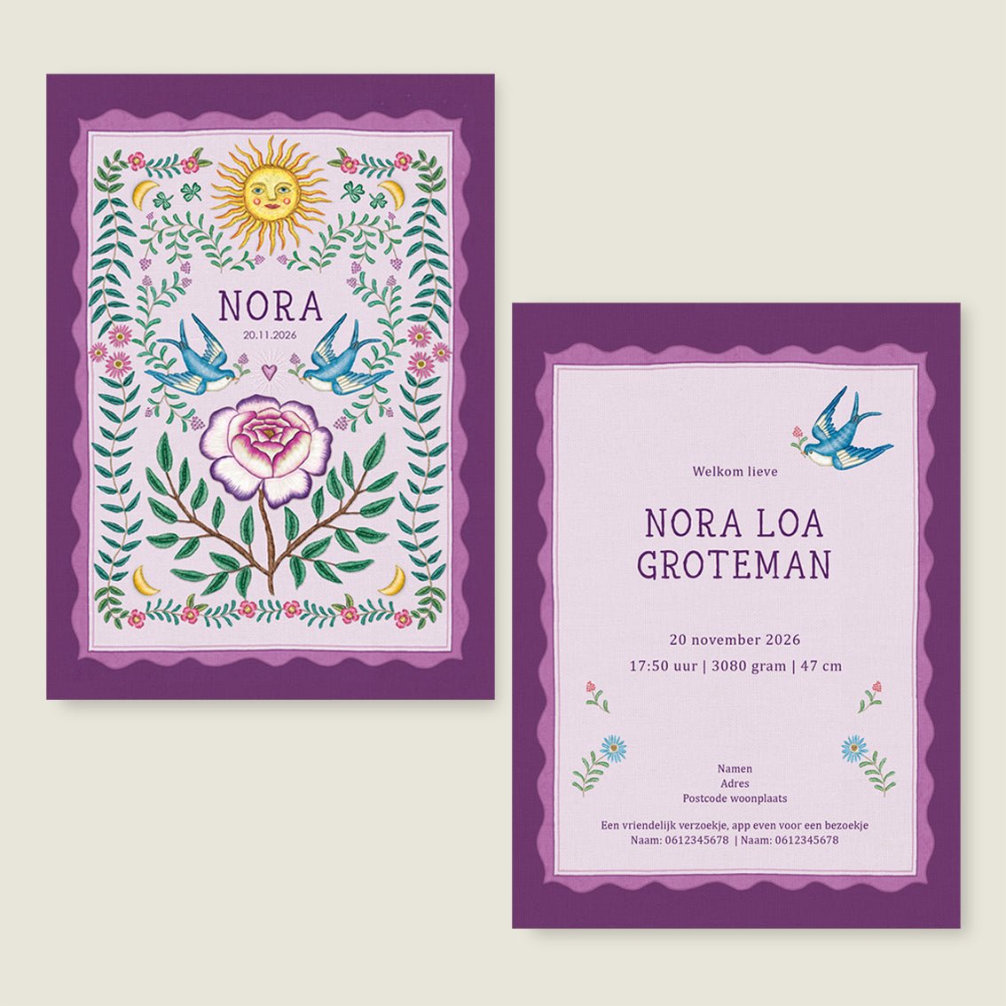 Geboortekaartje Sparrow Birds Purple - Story of July