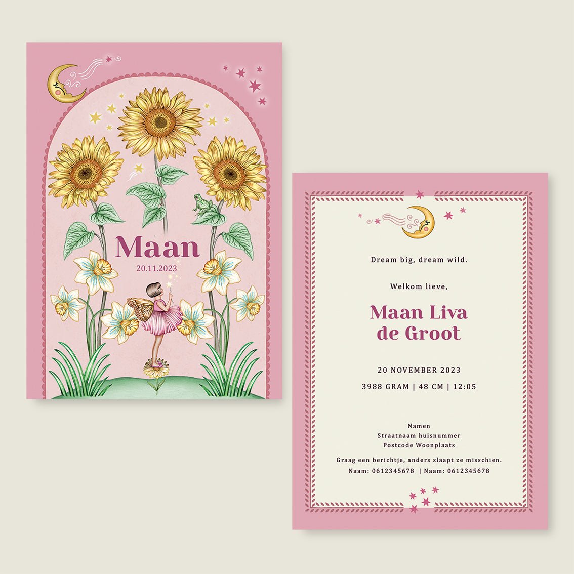 Geboortekaartje Sun Flowers Roze - Story of July