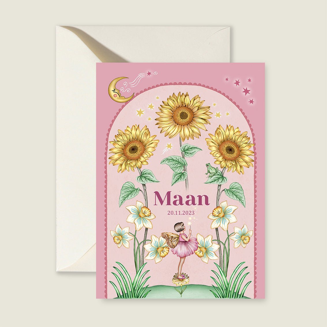 Geboortekaartje Sun Flowers Roze - Story of July