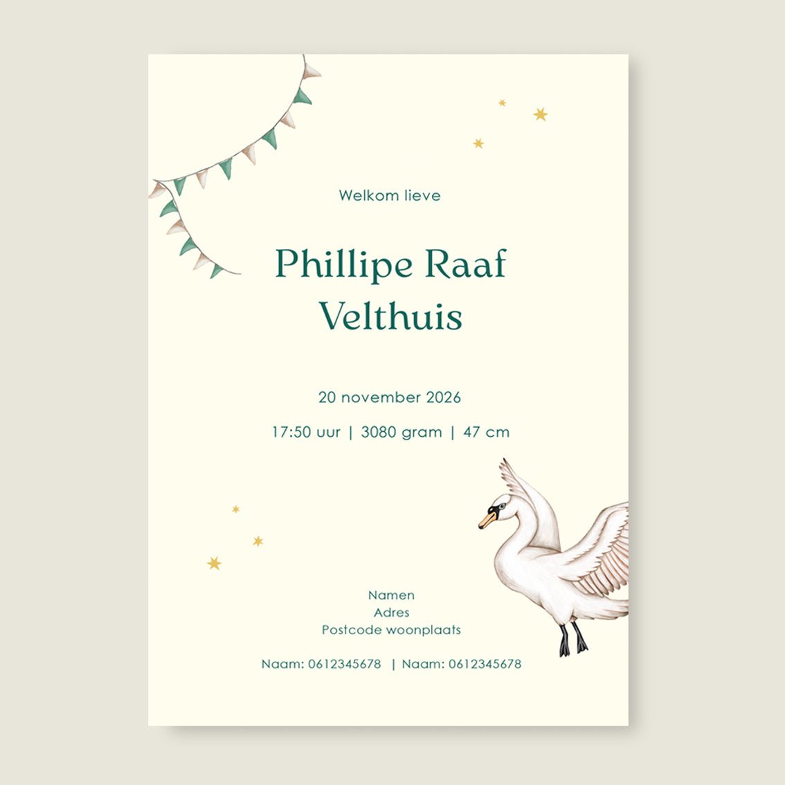 Geboortekaartje Swan Basket Green - Story of July