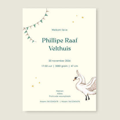 Geboortekaartje Swan Basket Green - Story of July