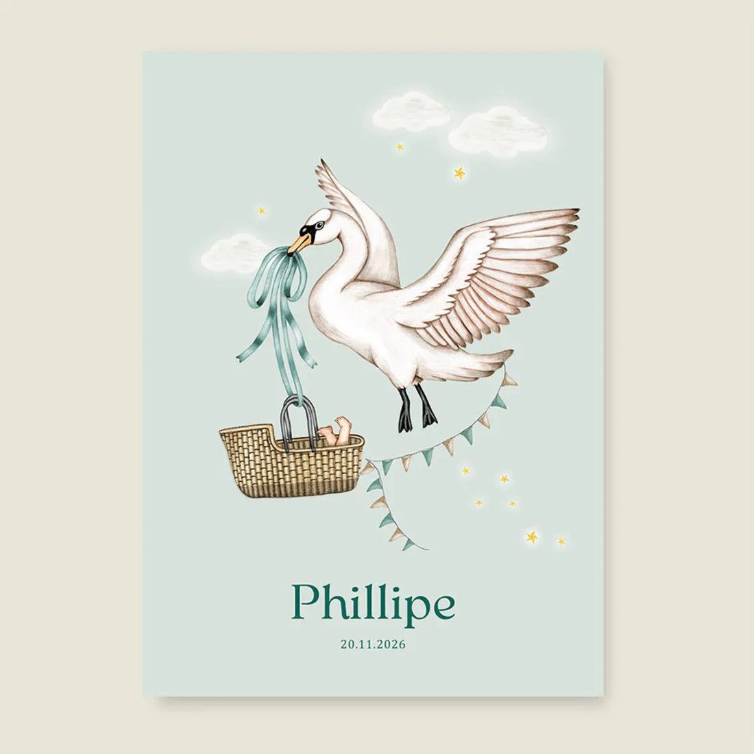 Geboortekaartje Swan Basket Green - Story of July