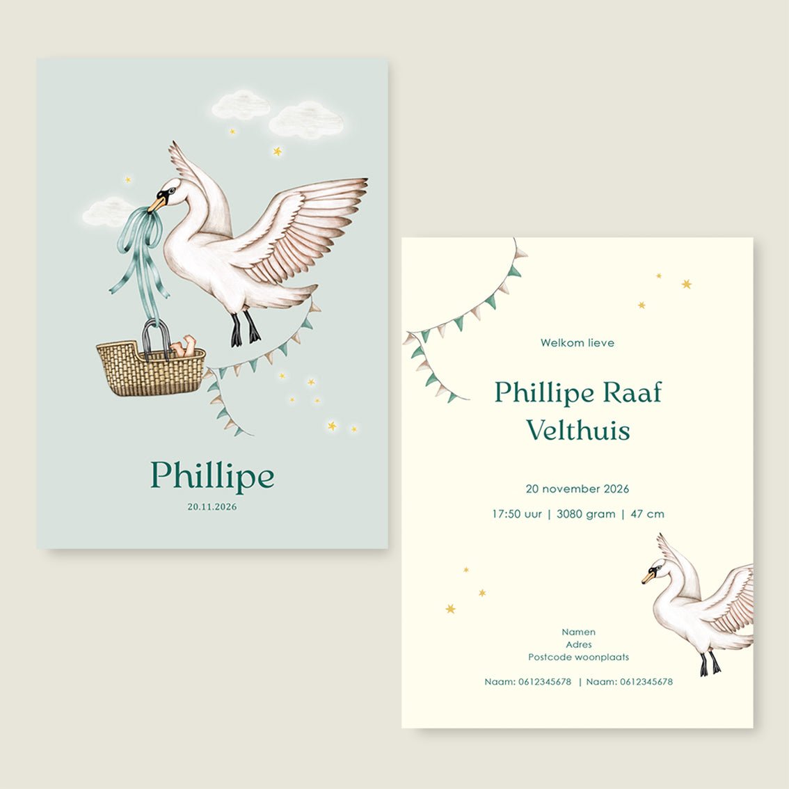 Geboortekaartje Swan Basket Green - Story of July