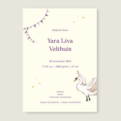 Geboortekaartje Swan Basket Lila - Story of July