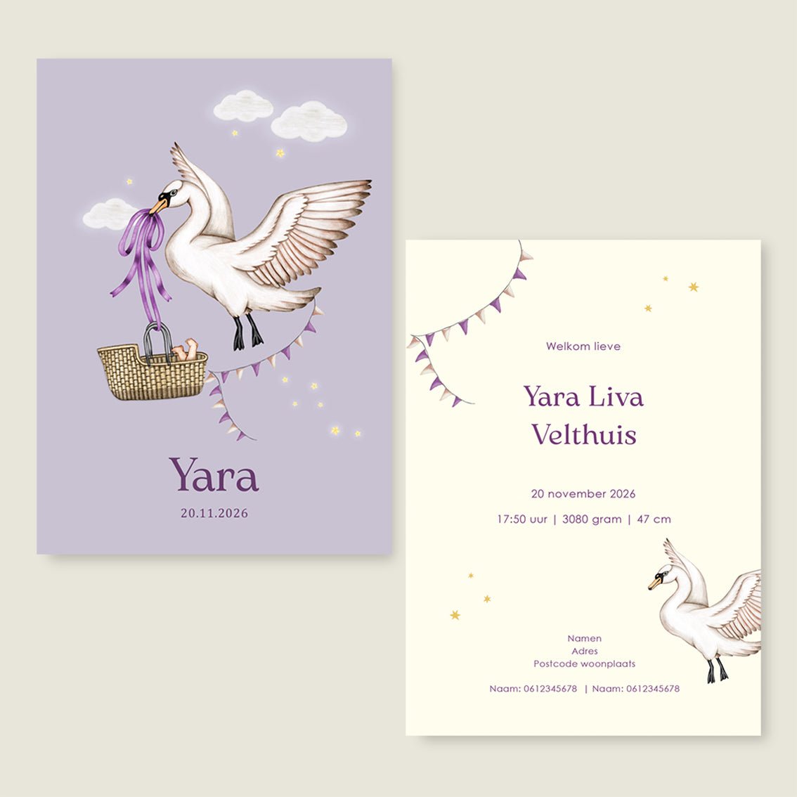 Geboortekaartje Swan Basket Lila - Story of July
