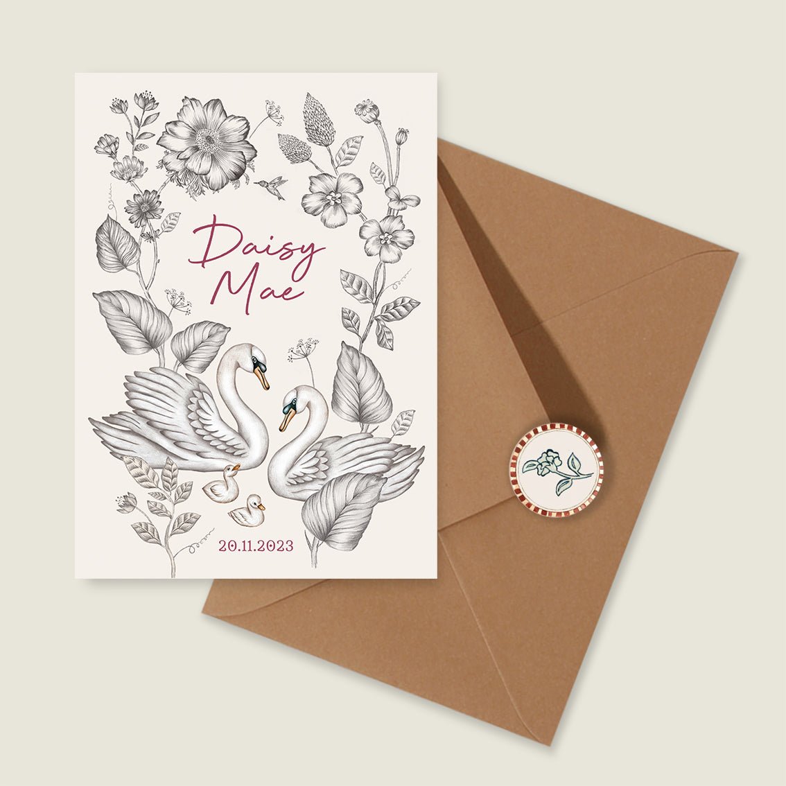 Geboortekaartje Swan Flowers Family Offwhite - Story of July