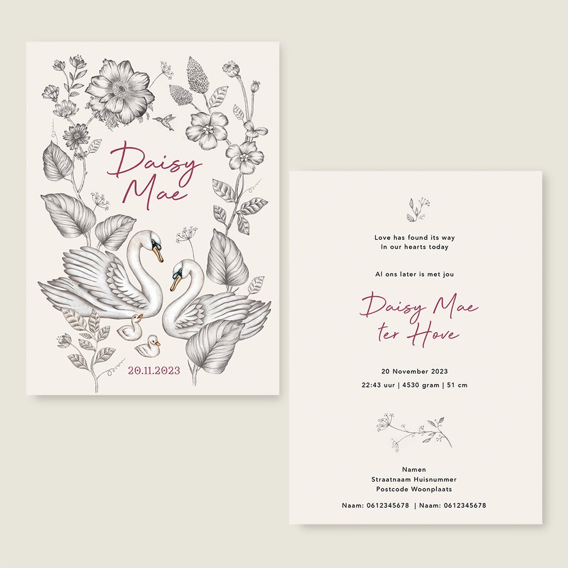 Geboortekaartje Swan Flowers Family Offwhite - Story of July