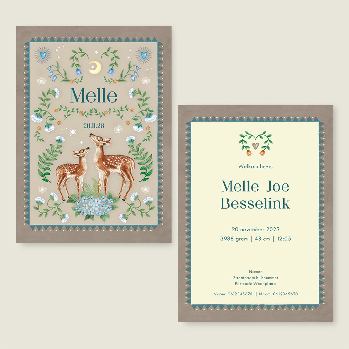 Geboortekaartje Two Dear Moonlight Khaki - Story of July