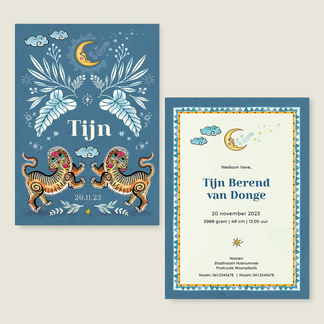 Geboortekaartje Two Pretty Tigers Blauw - Story of July