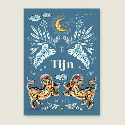 Geboortekaartje Two Pretty Tigers Blauw - Story of July