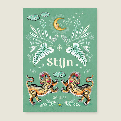 Geboortekaartje Two Pretty Tigers Groen - Story of July