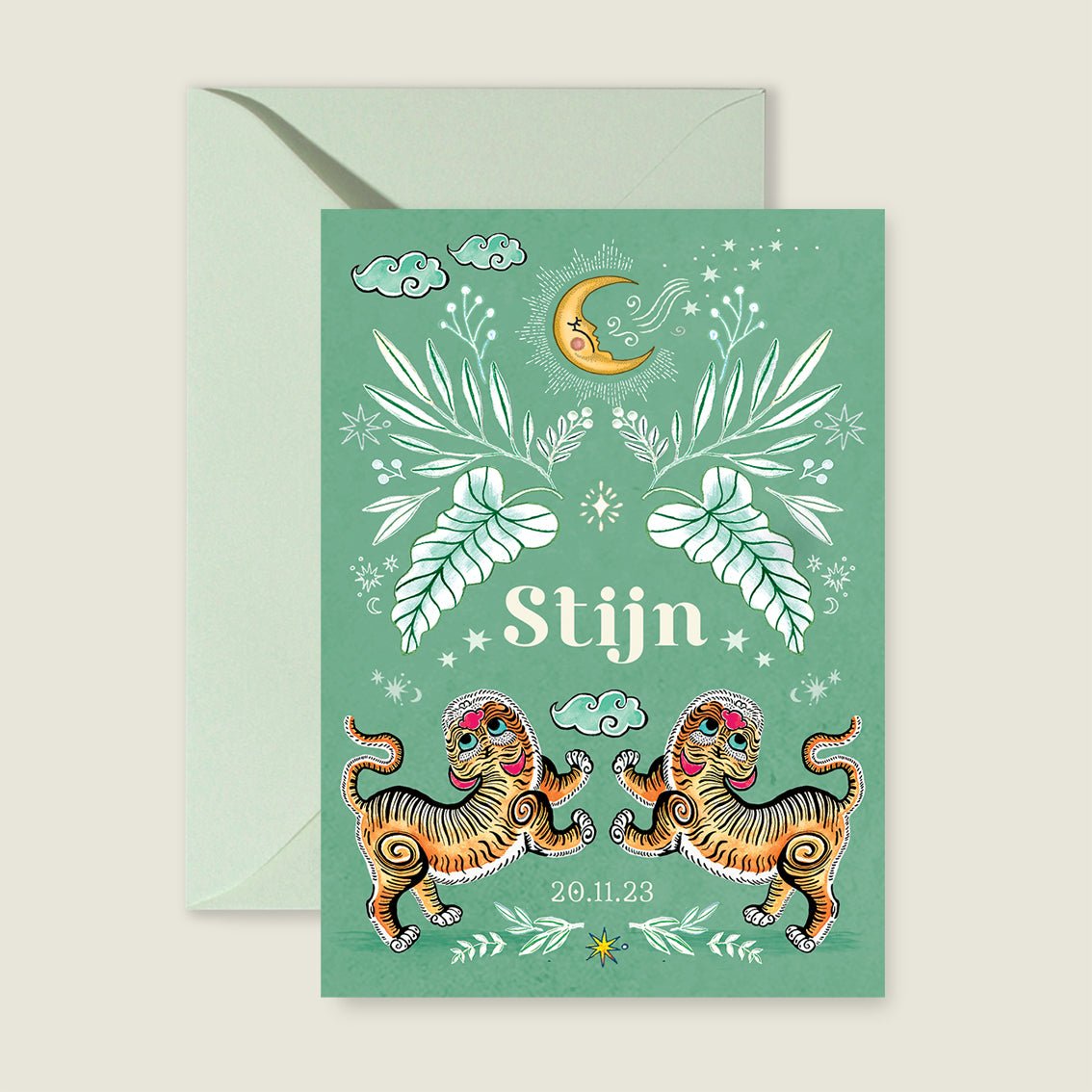 Geboortekaartje Two Pretty Tigers Groen - Story of July