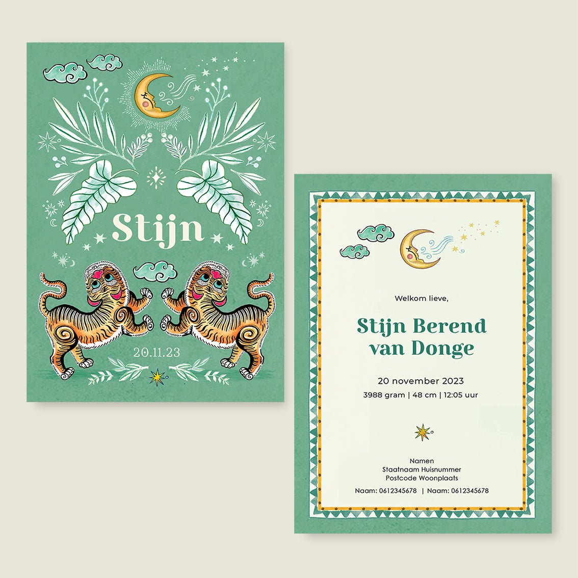Geboortekaartje Two Pretty Tigers Groen - Story of July