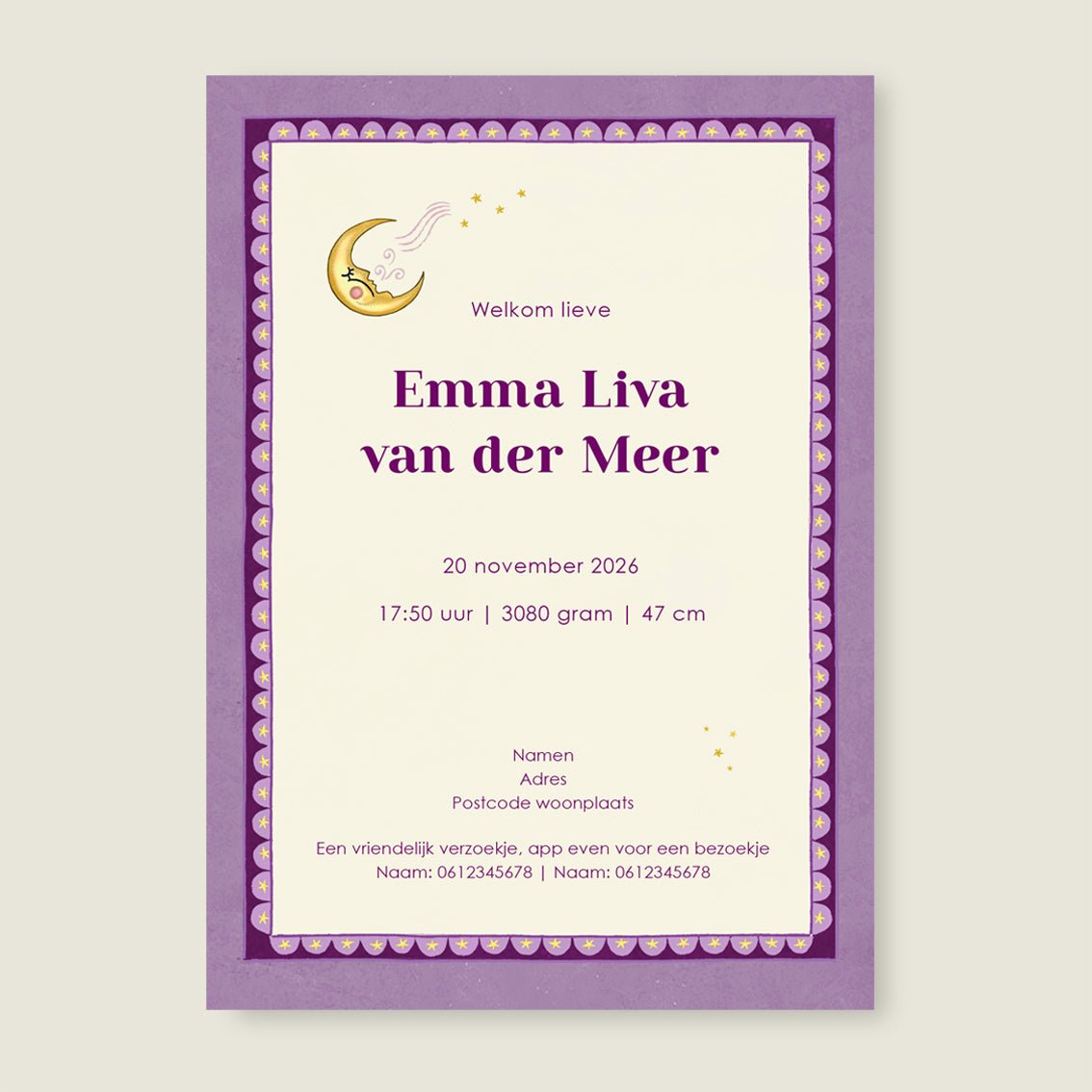 Geboortekaartje Zebra Moon Paars - Story of July