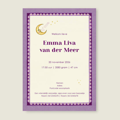 Geboortekaartje Zebra Moon Paars - Story of July
