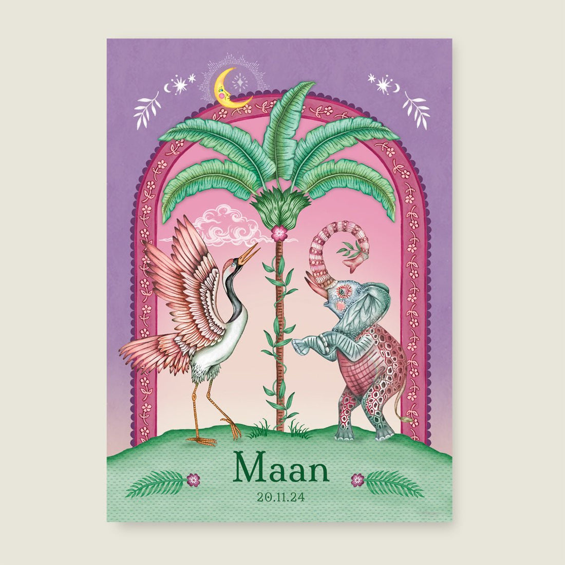 Print Crane Bird And The Elephant Paars - Story of July