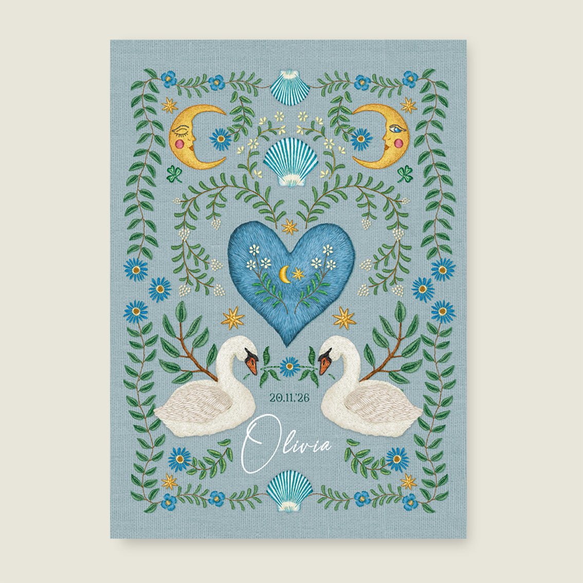 Print Embroider Swan Heart Blue - Story of July
