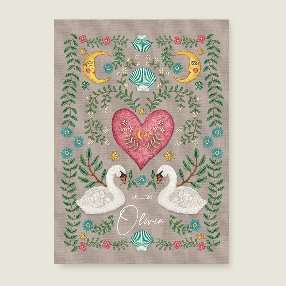 Print Embroider Swan Heart Khaki - Story of July