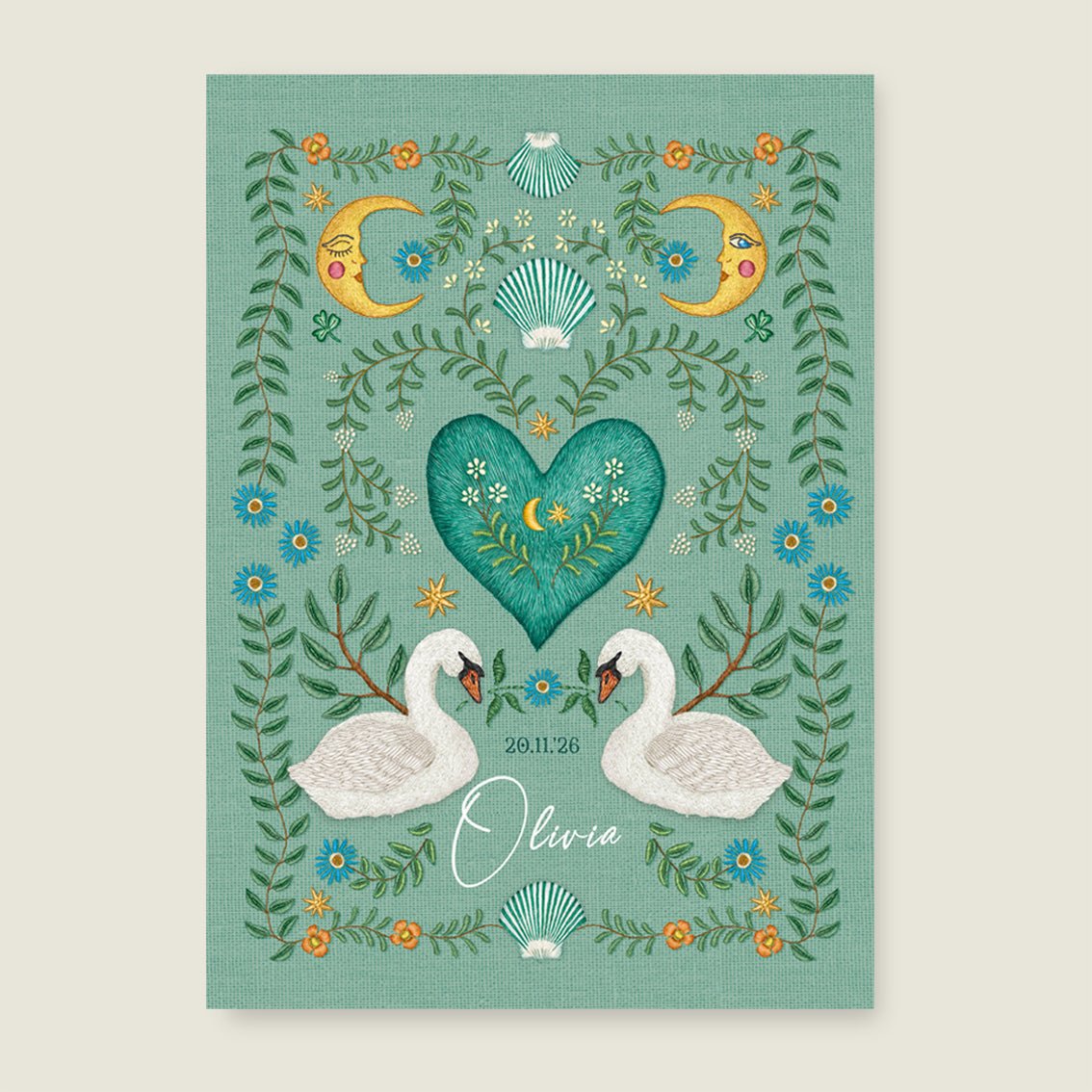 Print Embroider Swan Heart Light Green - Story of July