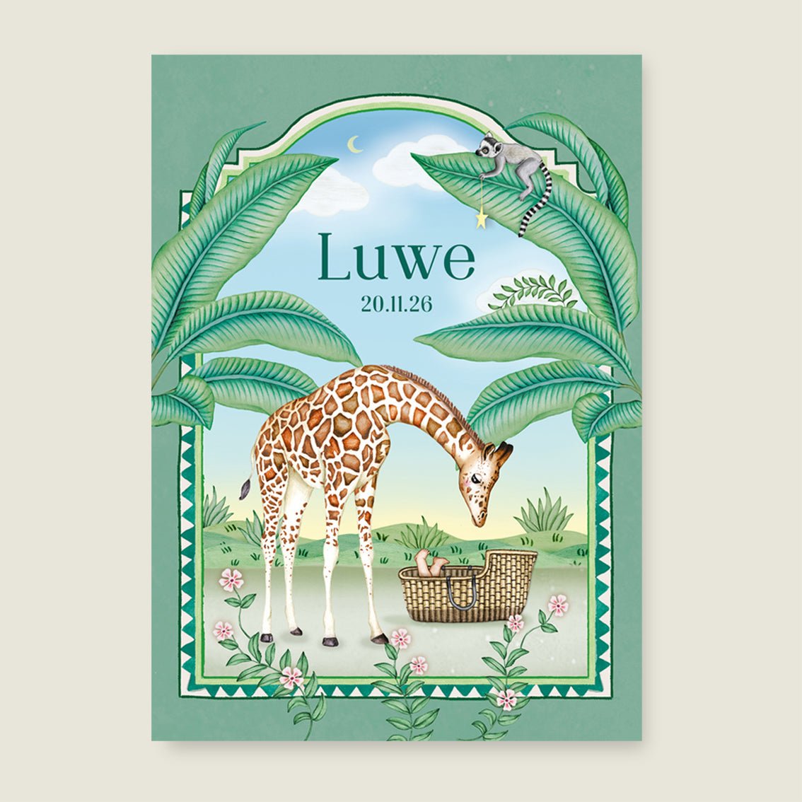 Print Giraffe And The Monkey Green - Story of July