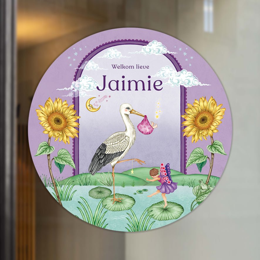 Raamsticker Stork &amp; Baby Purple - Story of July