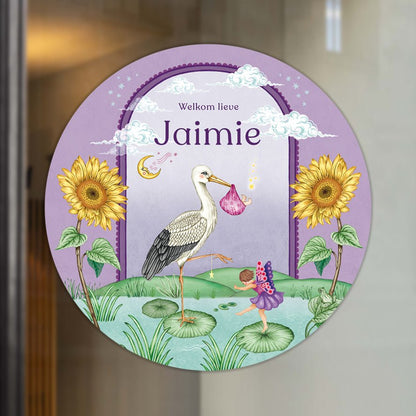 Raamsticker Stork &amp; Baby Purple - Story of July