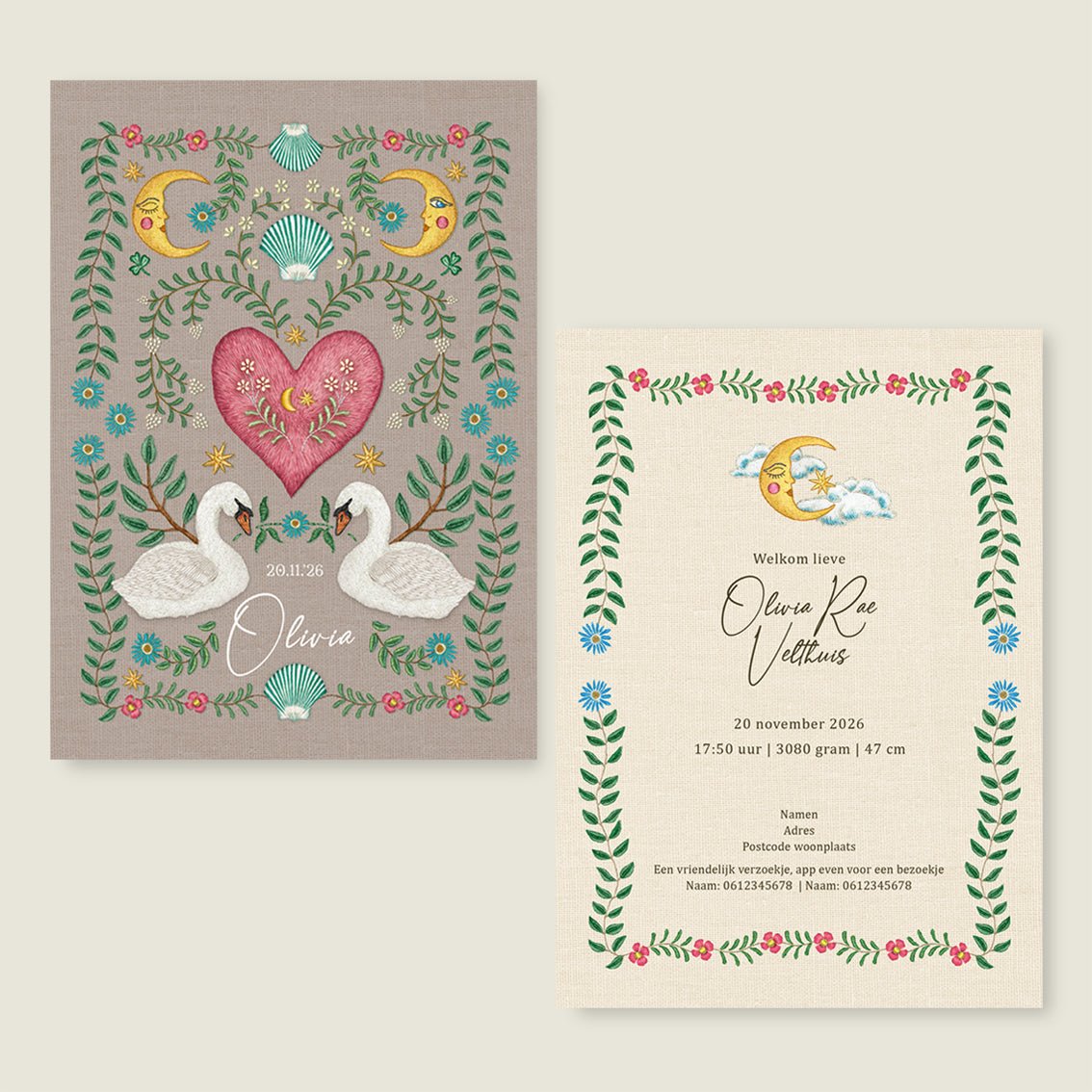 Sample Embroider Swan Heart Khaki - Story of July