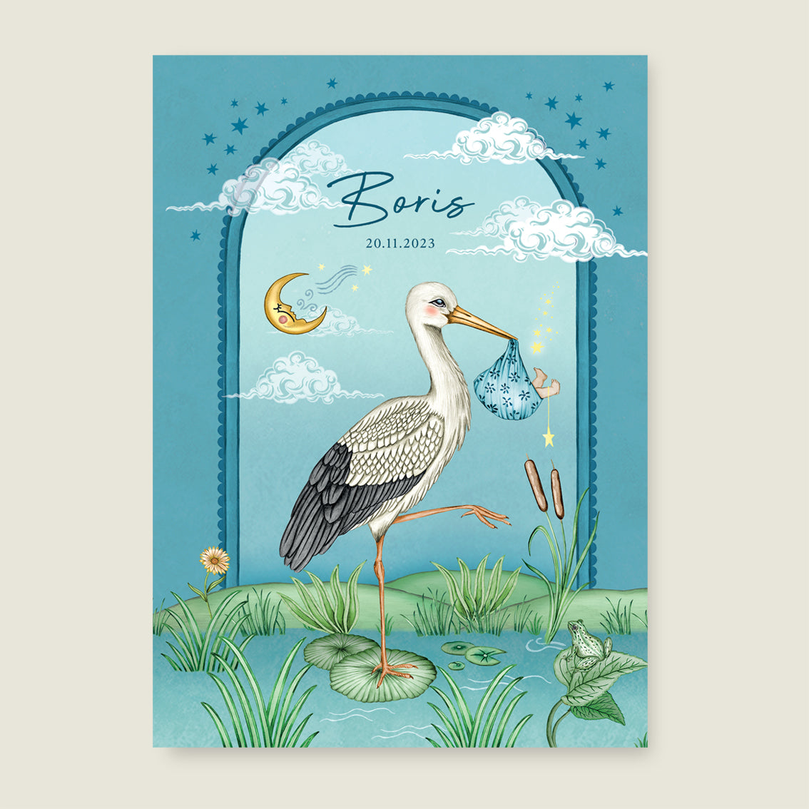Print Stork and baby Blue