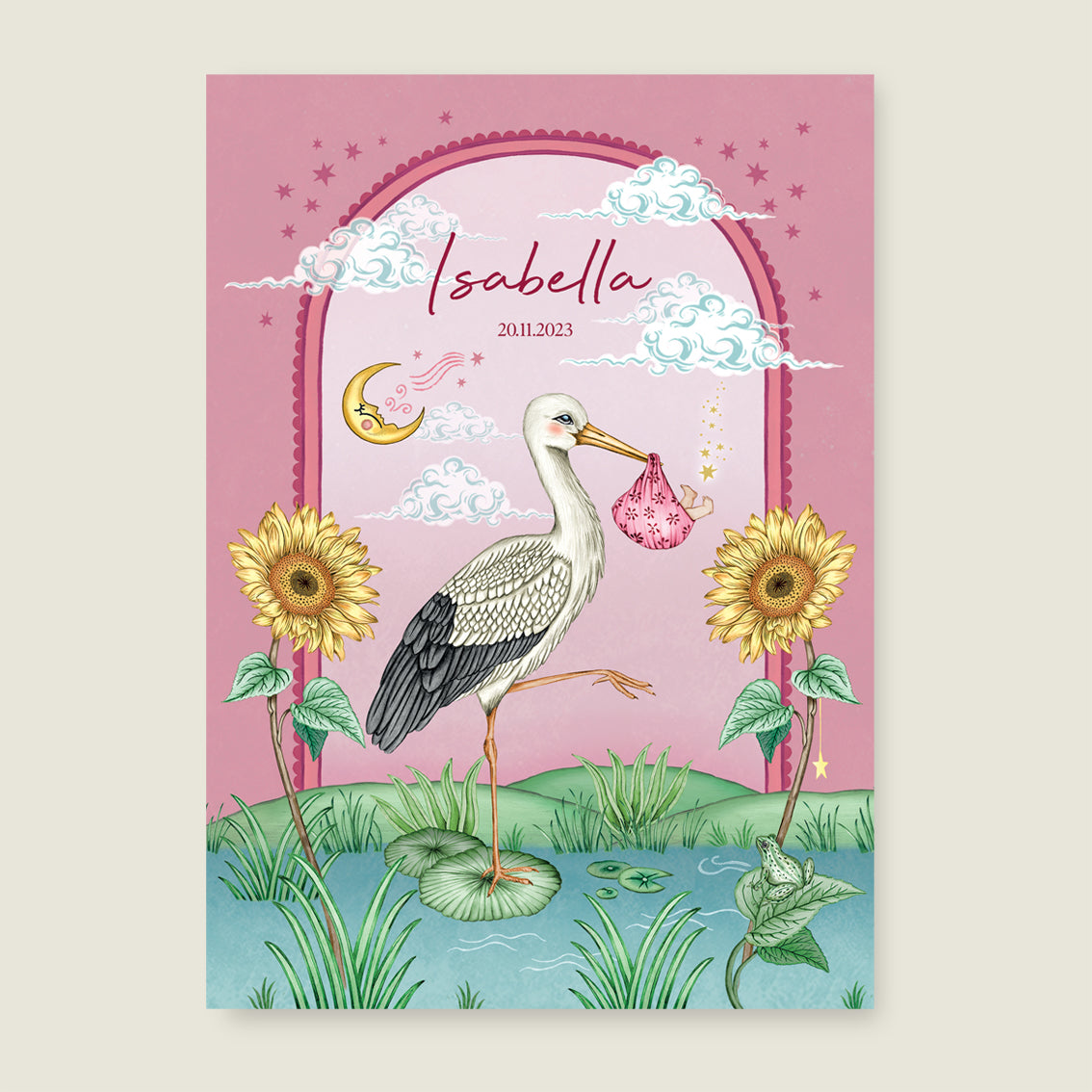 Print Stork and baby Pink