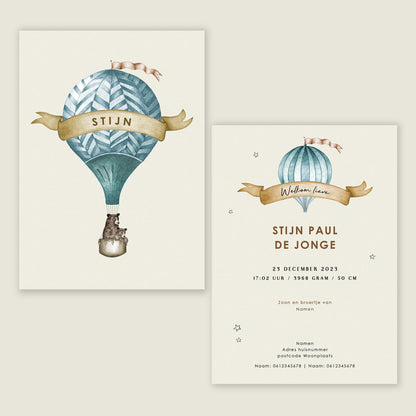 Geboortekaartje Bear Balloon Blue - Story of July