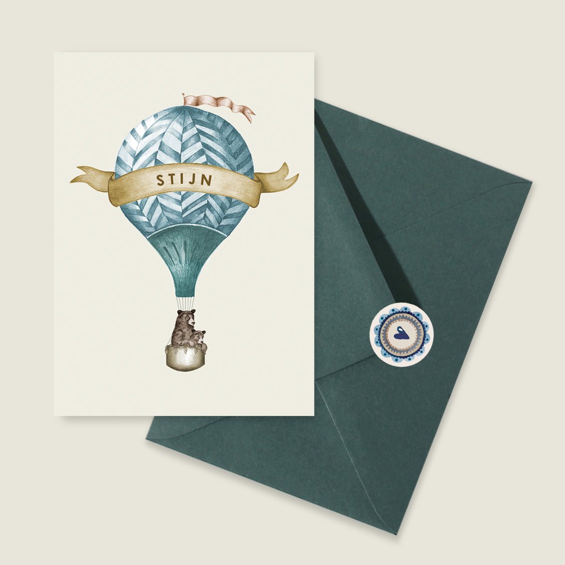 Geboortekaartje Bear Balloon Blue - Story of July