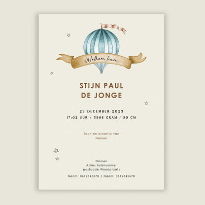 Geboortekaartje Bear Balloon Blue - Story of July