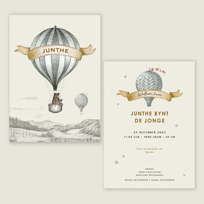 Geboortekaartje Bear Balloon Grey - Story of July