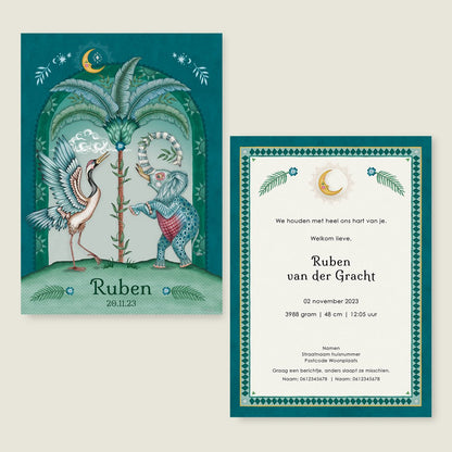 Geboortekaartje Crane Bird And Elephant Blue - Story of July