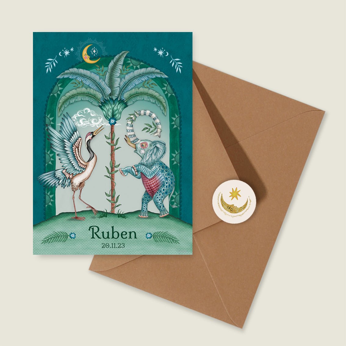 Geboortekaartje Crane Bird And Elephant Blue - Story of July